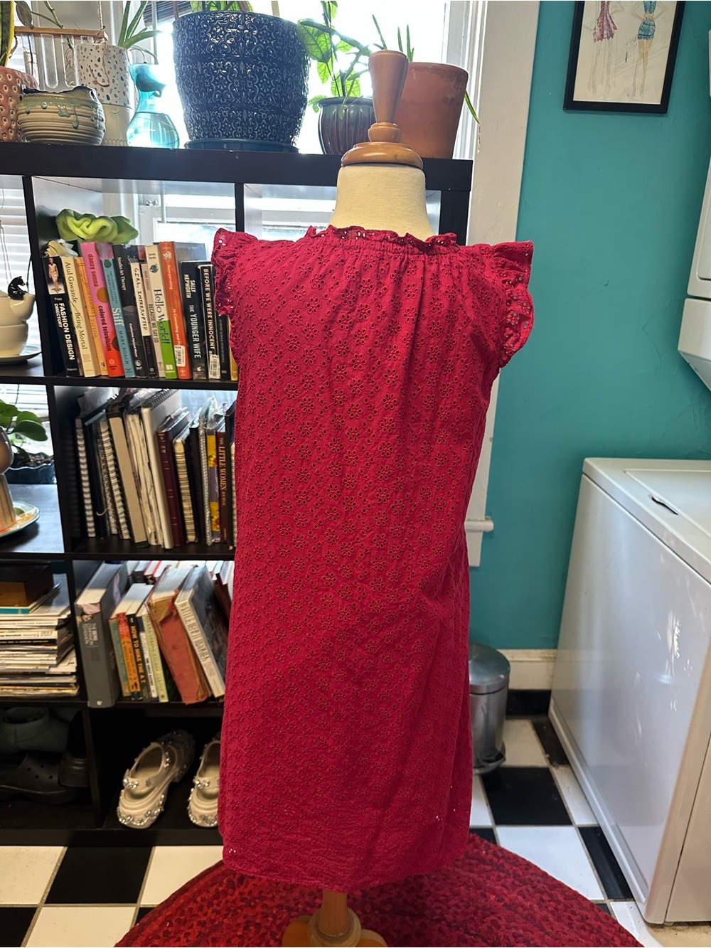 LOFT Raspberry Pink Eyelet Ruffle-Trim Shift cotton Dress - Picture 3 of 11